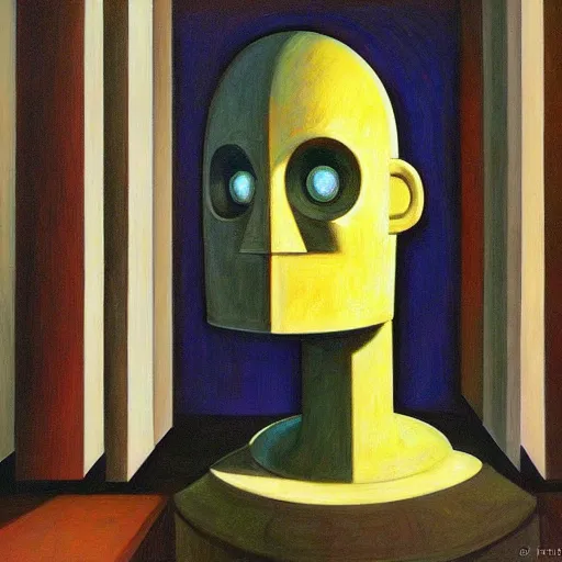 Image similar to brutalist giant sacred robot visage, portrait, cathedral, dystopian, pj crook, edward hopper, oil on canvas