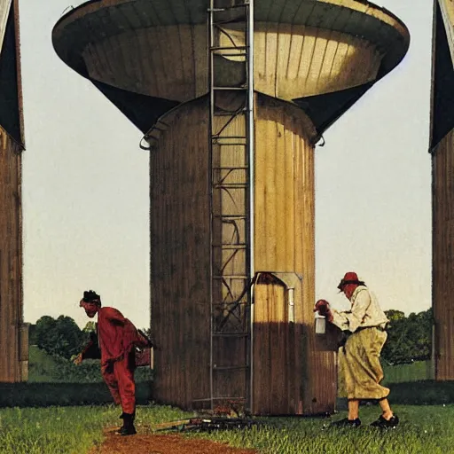 Prompt: a pair of men having an argument outside of a grain silo, by norman rockwell