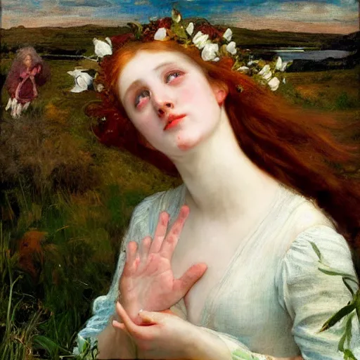 Prompt: ophelia by millais except she's popping a gang sign