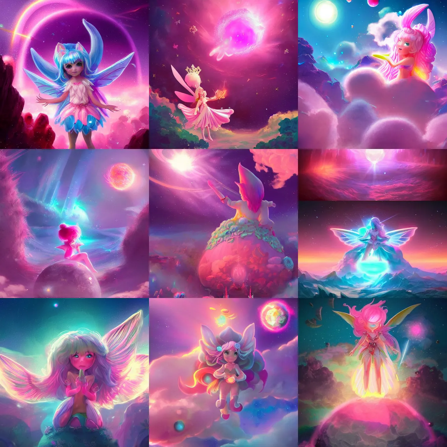 Prompt: giant cute fairys using bright colorful magic light rays coalesing to mold the pink universe from nothing into something hyper-detailed trending 8k artstation constructing cute planet earth from stars and matter pink fluffy kawaii stunning concept art
