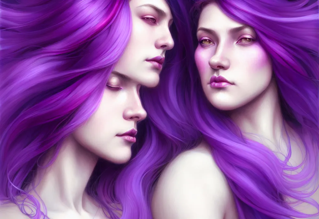 Image similar to Purple hair relistic Portrait of a two woman with bright colored flying hair, all shades of purple. Beauty face, Hair coloring, fantasy, intricate, elegant, highly detailed, digital painting, artstation, concept art, smooth, sharp focus, illustration, art by artgerm and greg rutkowski and alphonse mucha