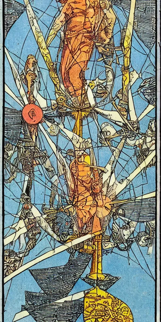 Image similar to the tarot card of the wheel of fortune painted by moebius.