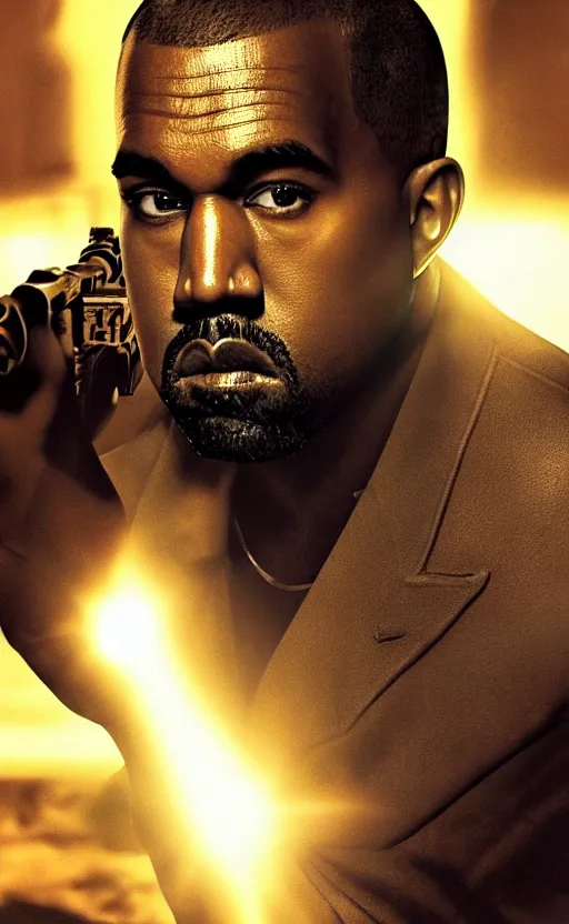 Image similar to Portrait of Kanye West as James Bond in Fallout New Vegas, splash art, movie still, cinematic lighting, dramatic, octane render, long lens, shallow depth of field, bokeh, anamorphic lens flare, 8k, hyper detailed, 35mm film grain