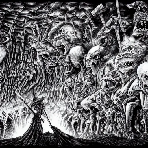 Image similar to the deepest pits of hell by kentaro miura, hyper-detailed masterpiece