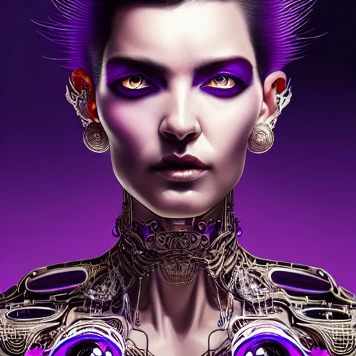 Image similar to woman with extremely large and intricate haircut with angry purple eyes and slim features looking askance, eye cyberpunk bionics, retro futurist style, intricate, elegant gleaming intricate baroque jewelry, angelic halo, highly detailed, digital painting, artstation, concept art, smooth, sharp focus, illustration, art by wlop, mars ravelo and greg rutkowski,