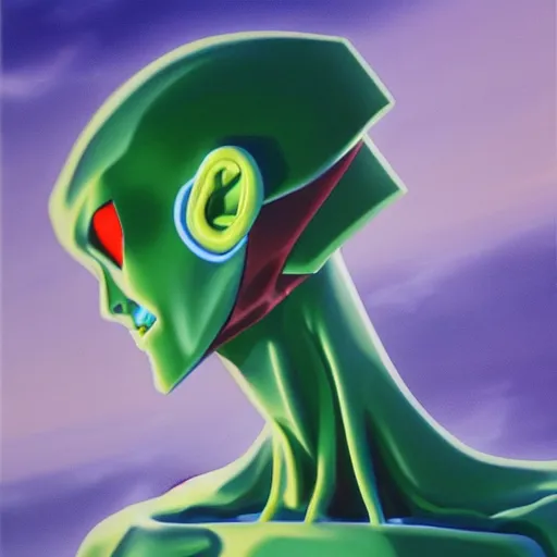 Prompt: an oil painting of the character of the animated series Evangelion Unit-01, photo realistic, cinematic illumination