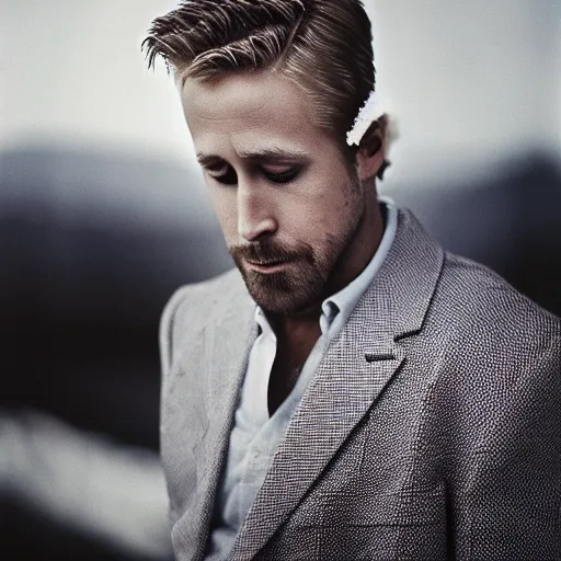 Image similar to closeup portrait of ryan gosling dressed as a goose, feather suit, wings, natural light, sharp, detailed face, magazine, press, photo, steve mccurry, david lazar, canon, nikon, focus