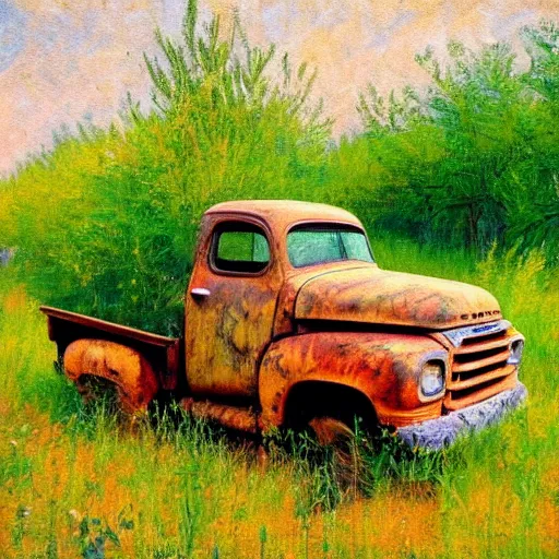 Prompt: impressionist painting of an old rusty pickup truck overrun by kudzu