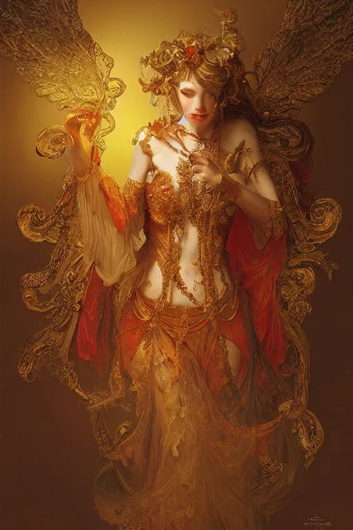 Image similar to tarot card artstation, portrait of a winged love dancer, sunrise, baroque ornament and rococo ornament, ancient chinese ornate, hyperdetailed, beautiful lighting, craig mullins, mucha, klimt, yoshitaka amano, red and gold and orange color palette