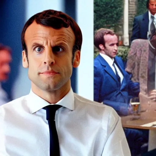 Prompt: Emmanuel Macron, colorful suits in American Psycho (1999)