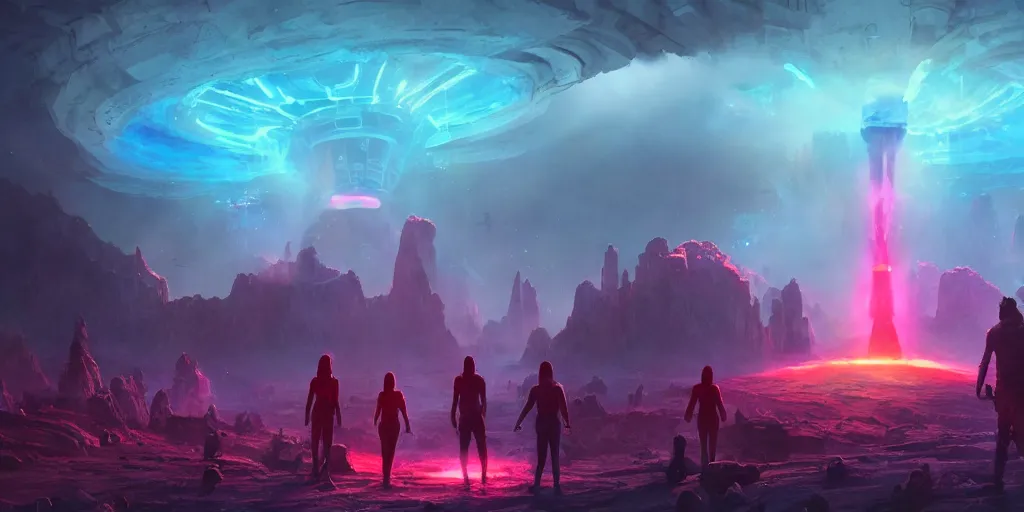Prompt: ancient alien portal, large crowd of androids, android close to camera, beams of light from sky, matte painting, electric sky, dreamscape, stars, global illumination, the great beyond, trending on artstation, color palette of movie mandy 2 0 1 8
