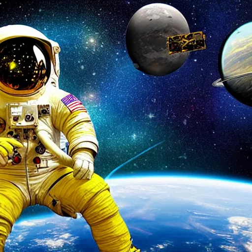 Image similar to astronaut in space, galactic background reflections on suit on one side and a yellow planet on the other side