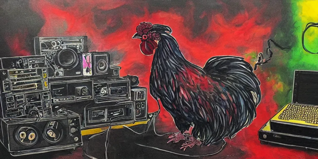 Image similar to 'black rooster'!!! smoking 'cannabis'!!!!!! in front of 'audio console'!!!! and 'pc masterrace RGB custom build'!!!!! 'multi monitors and projectors'!!!! 'in a hi-tech tv broadcasting studio with red camera rig'!!!!, artwork by James Gilleard