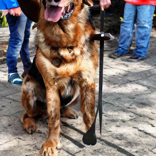 Prompt: a dog barbarian with a brick for a sword