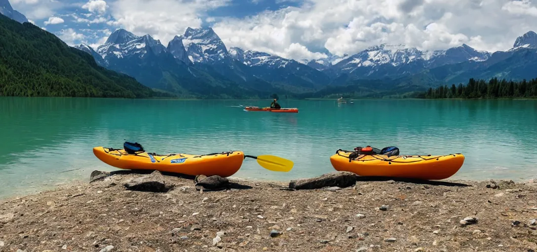 Image similar to a beautiful image of a breathtaking lake with amazing mountains in the background, there is a kayak in the foreground on the beach. landscape image