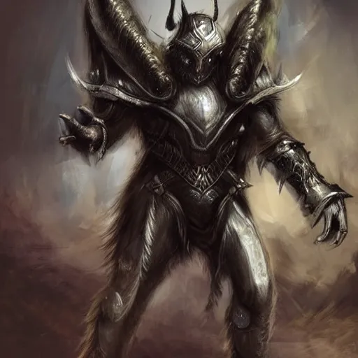 Image similar to a triumphant Minotaur in plate armor with black fur, fantasy concept art, high detail