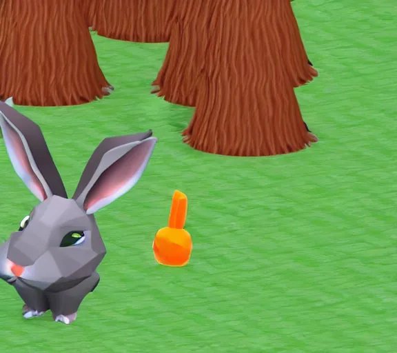 Image similar to a bunny holding a carrot in a forest, screenshot of a 1994 PS1 game, polygonal 3D