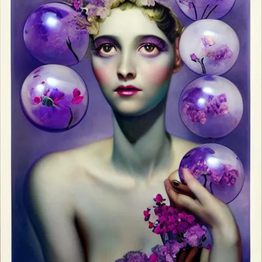 Image similar to a girl with three eyes : : on 5 translucent luminous spheres, full of floral and berry fillings, in an ocean of lavender color by rolf armstrong, monia merlo