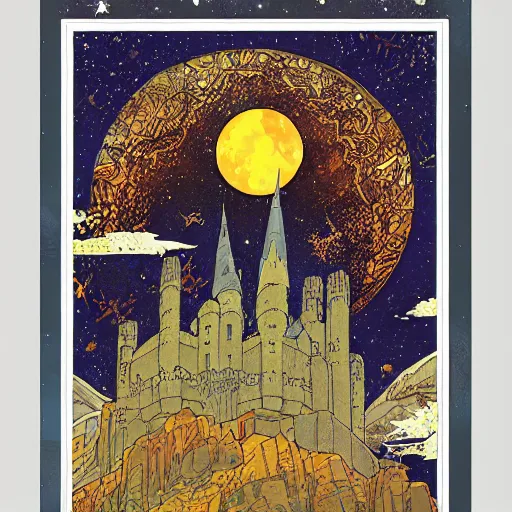 Prompt: stone castle, starry sky detailed ivan bilibin and edmund dulac and ilya kuvshinov and katsuhiro otomo inspired print