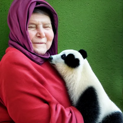 Prompt: portrait of a babushka with pet miniature panda