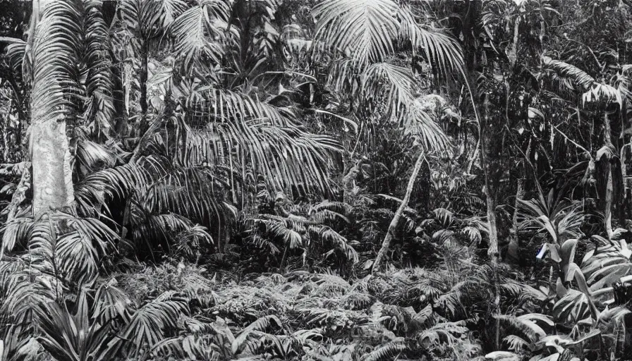 Image similar to lost film footage of a sacred object in the middle of the tropical jungle / film still / cinematic / enhanced / 1 9 2 0 s / black and white / grain