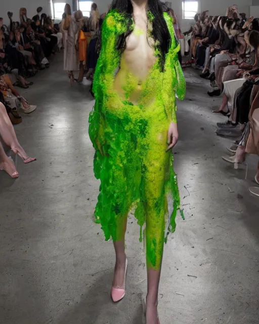 Image similar to olivia at the new york fashion week, wearing an outfit made of nickelodeon slime, black hair, freckles, pale skin, photo by greg rutkowski, harsh shadows, bright lighting, female beauty, intricate detail, elegance, sharp shapes, masterpiece