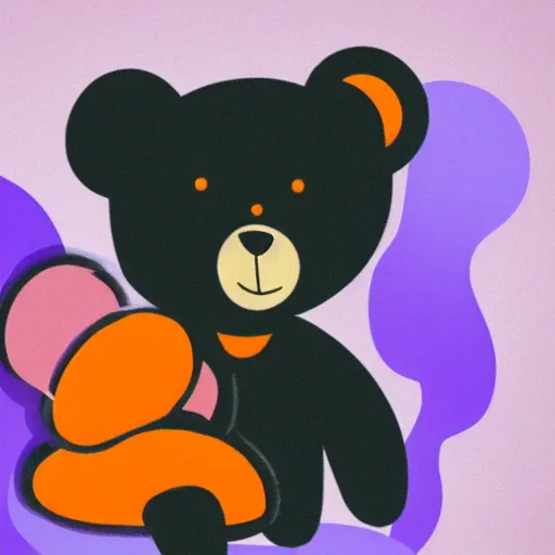 Image similar to cartoon bear wearing clothes being launched out of a futuristic machine into a purple and orange cloud land