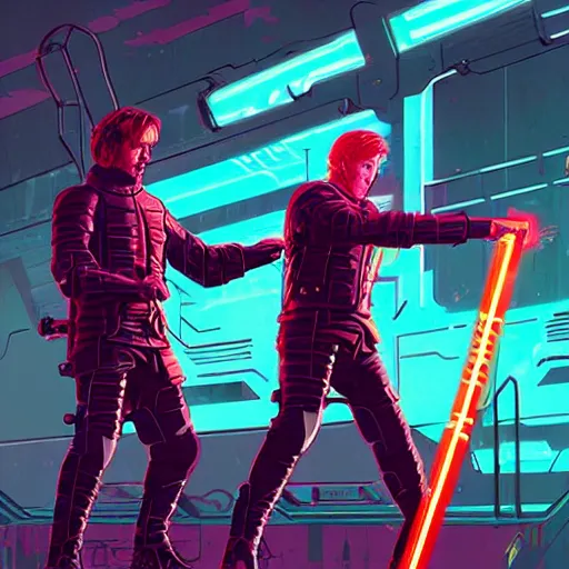 Image similar to jaime lannister and brienne of tarth fighting a thousand neon zombies with lightsabers, cyberpunk art by james gilleard, cgsociety, retrofuturism, synthwave, retrowave, outrun