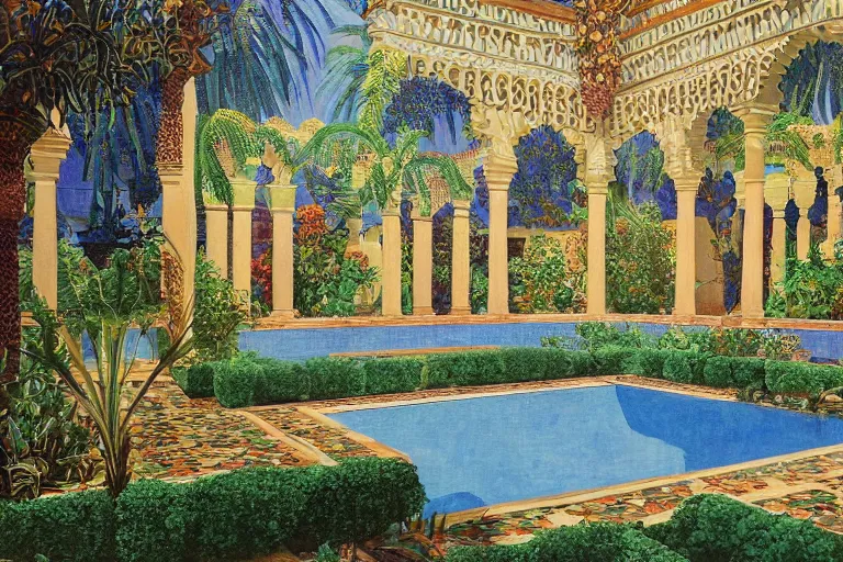 Prompt: painting of a beautiful moorish palace courtyard garden, by arkady rylov and alayna danner and maxfield parrish, patterned tilework, palm trees, tiled fountains, extremely detailed, cinematic lighting, smooth sharp focus