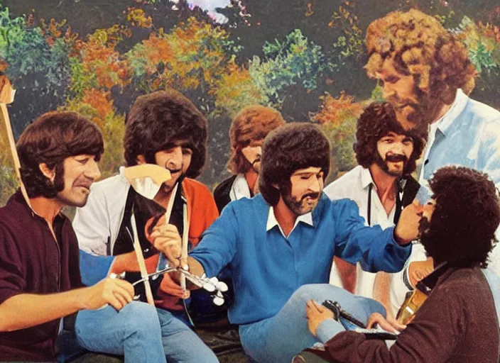 Image similar to bob ross painting a scene of the beatles and the beach boys having a battle of the bands in hades