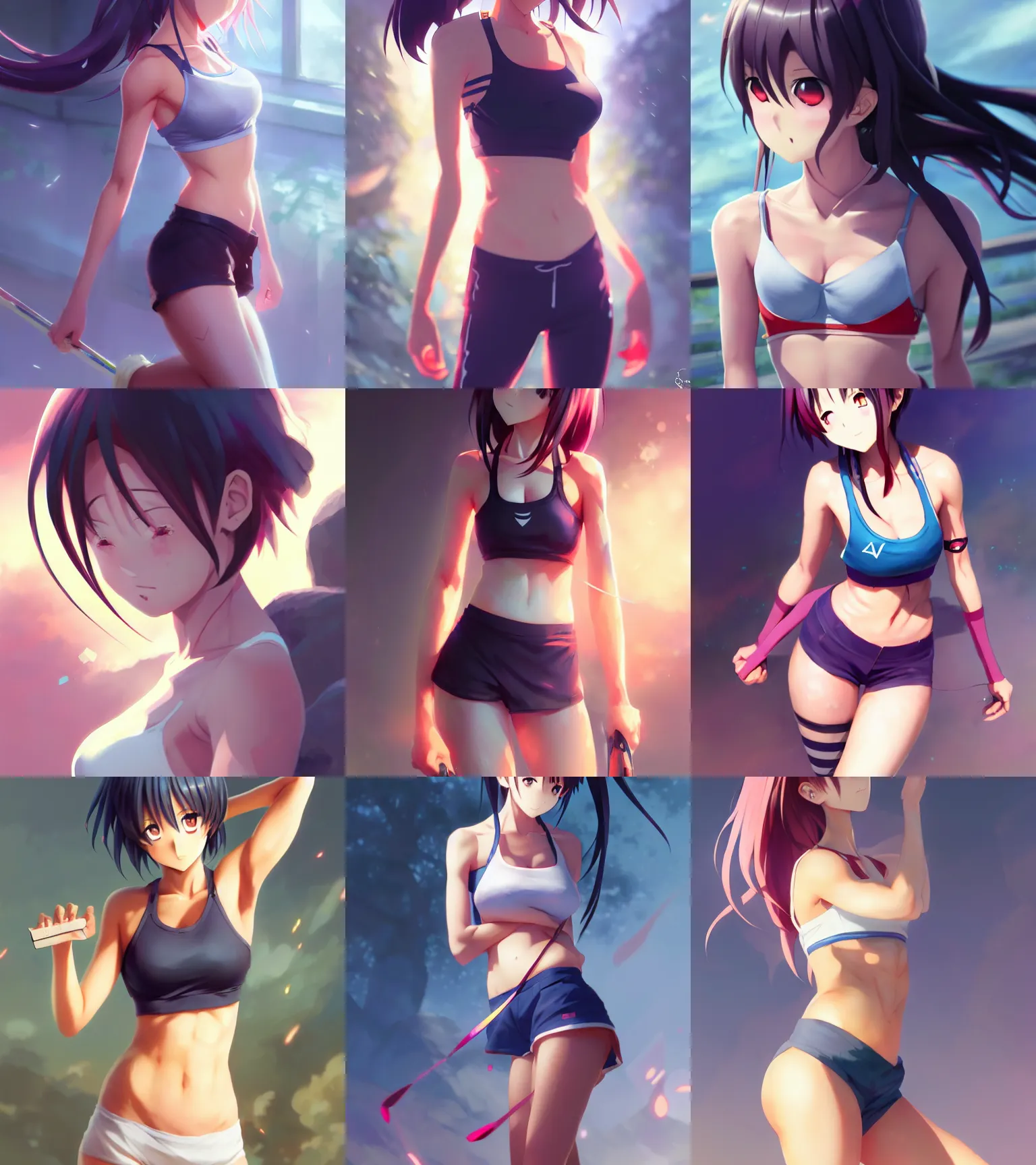 Prompt: attractive anime girl from Genshin Impact, spoon slim figure, sports bra and shorts, full body shot close up, seductive smile, details, sharp focus, illustration, by Jordan Grimmer and greg rutkowski, Trending artstation, pixiv, digital Art