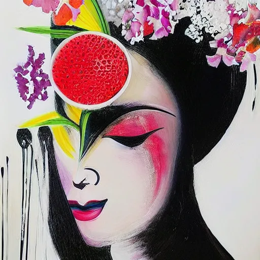 Image similar to “art in an Australian artist’s apartment, portrait of a woman wearing black silk cloth, eating luscious fresh raspberries and strawberries and blueberries, white wax, edible flowers, Japanese pottery, ikebana, black walls, acrylic and spray paint and oilstick on canvas”