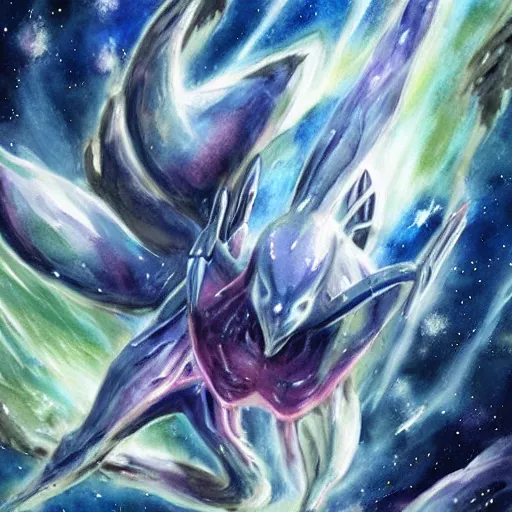 Prompt: alien extraterrestrial pokemon in space. watercolor. dramatic. amazing painting. formal. beautiful. high resolution. highly realistic. close - up. trending on artstation