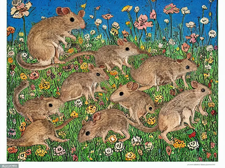 Prompt: «The Bailey»: a group of rats frolicking in a field in the style of Louis Wain, poster framed, intricate details, high contrast, posterized, titled «The Bailey»