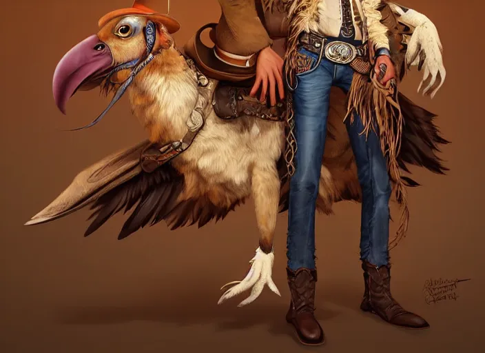 Image similar to character portrait feature of the anthro male anthropomorphic vulture fursona wearing cowboy outfit wild west desperado character design stylized by charlie bowater, ross tran, artgerm, makoto shinkai, detailed, soft lighting, rendered in octane