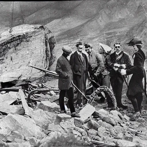 Image similar to old black and white photo, 1 9 1 3, depicting scientists around an alien wreck in the rocky mountains, historical record