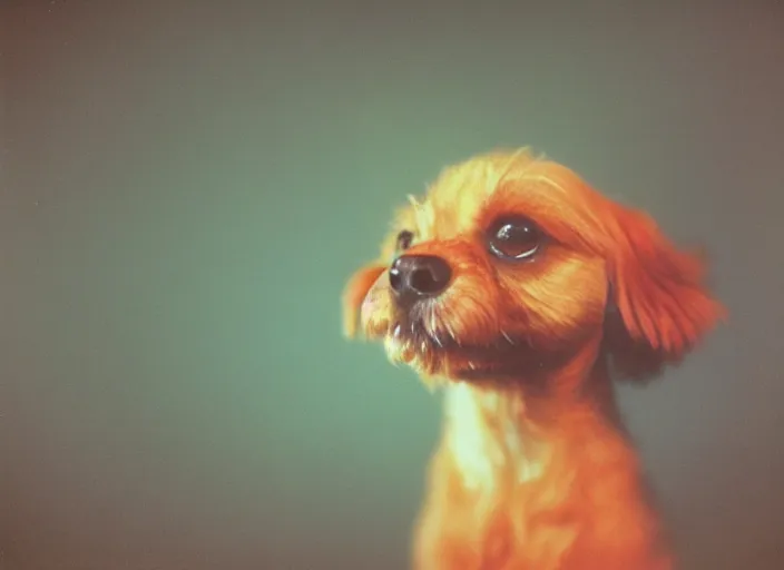 Image similar to a extreme close - up photo, color studio photographic portrait of a little dog, dramatic backlighting, 1 9 7 3 polaroid photo from life magazine,