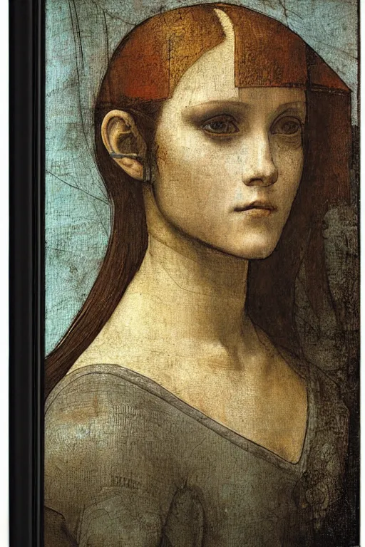 Image similar to a close - up portrait of a cyberpunk cyborg girl, by leonardo davinci, rule of thirds