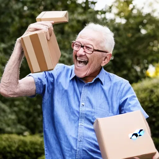 Image similar to an excited old man opening an amazon package full of diamonds