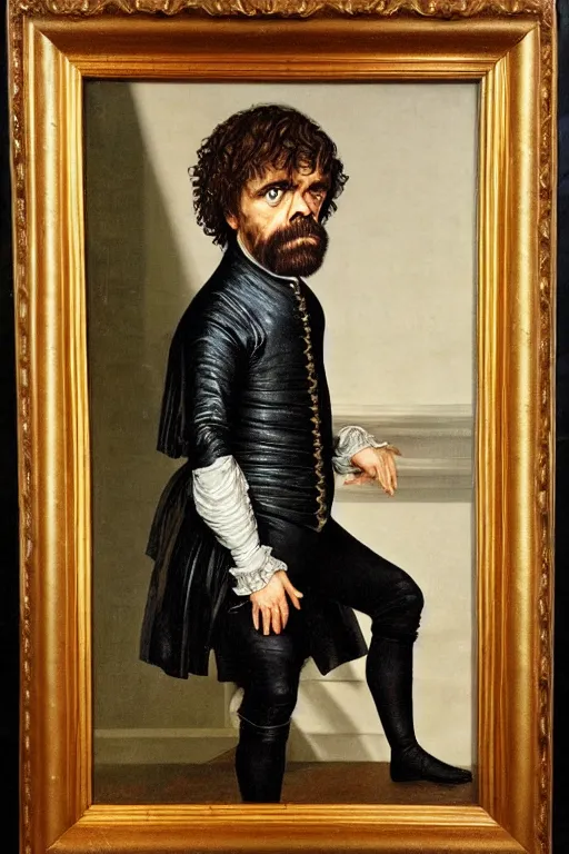 Prompt: a 1 6 0 0 s framed portrait painting of peter dinklage standing on a step stool, intricate, elegant, highly detailed