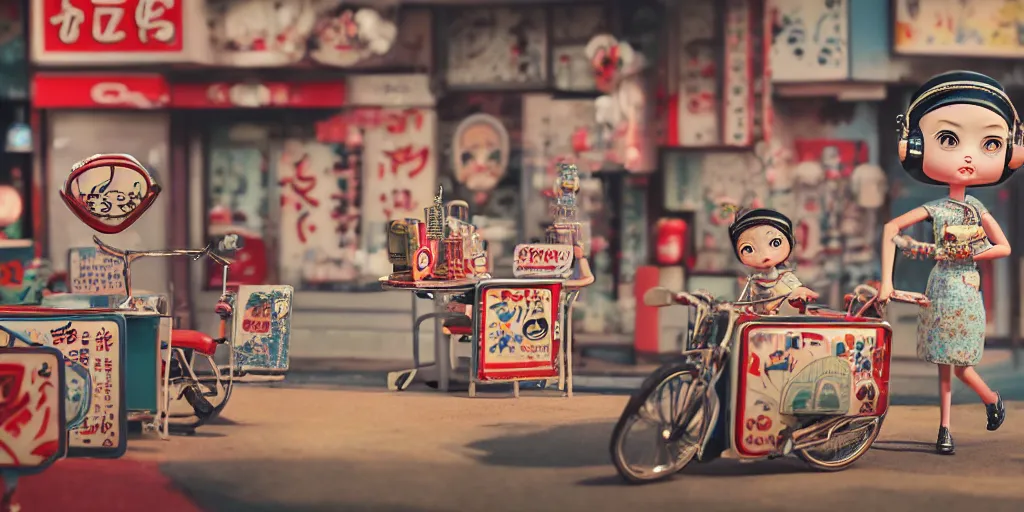 Image similar to closeup portrait of tin toy retro tokyo corner store diorama, depth of field, f 3 2, zeiss lens, detailed, centered, fashion photoshoot, by nicoletta ceccoli, mark ryden, lostfish, breathtaking, 8 k resolution, extremely detailed, beautiful, establishing shot, artistic, hyperrealistic, octane render, - h 8 0 4