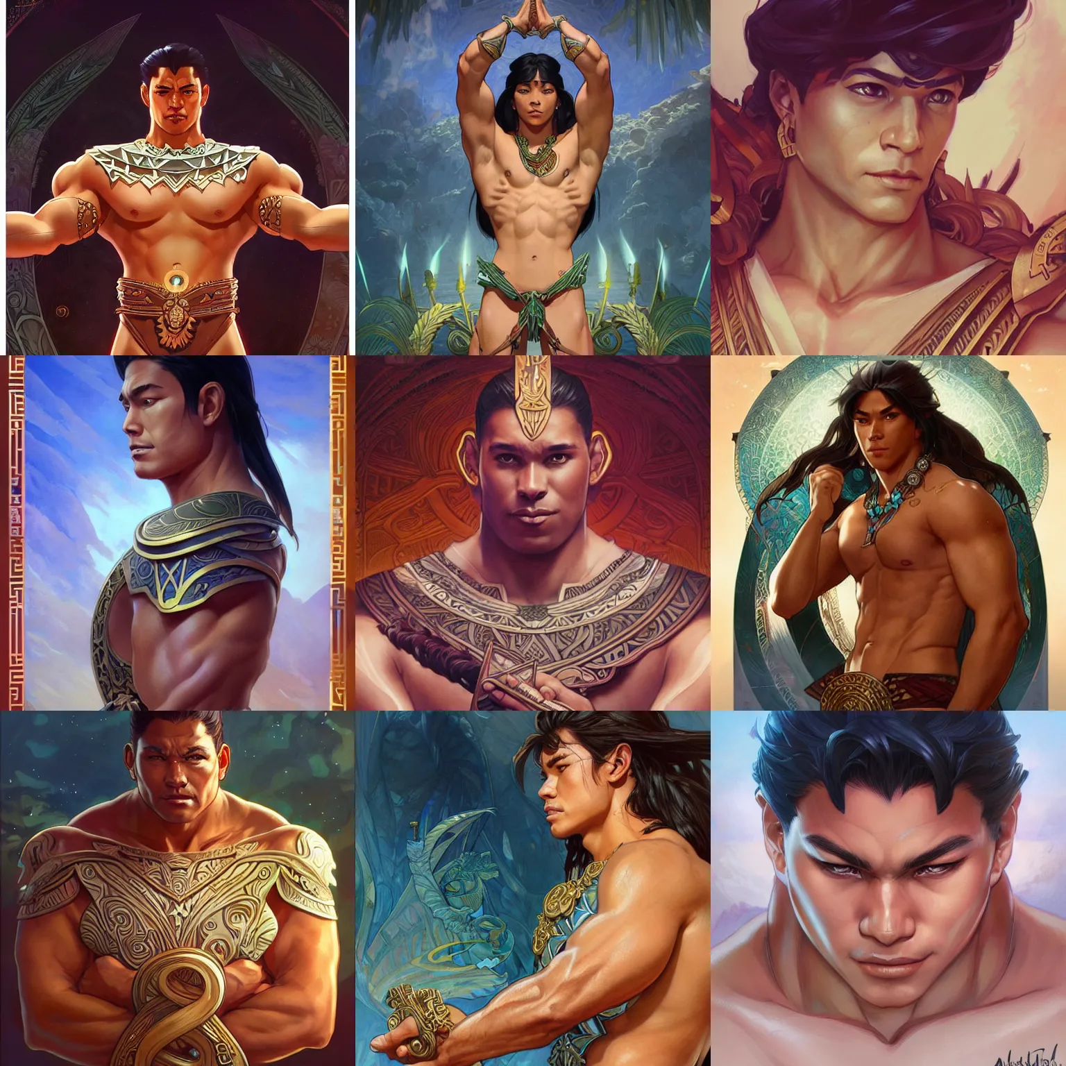 Prompt: male polynesian emperor, art by artgerm and greg rutkowski and magali villeneuve and alphonse mucha and rossdraws and makoto shinkai, muscular, d & d, fantasy, highly detailed, digital painting, trending on artstation, concept art, sharp focus, illustration