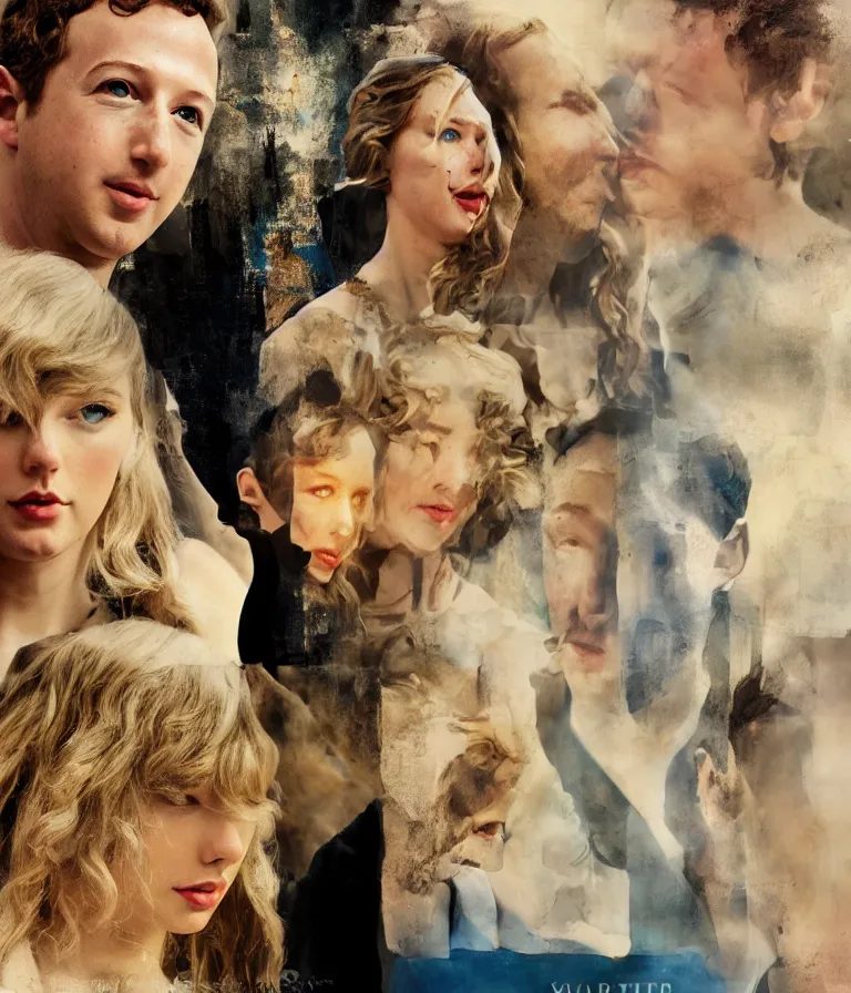 Image similar to beautiful fantasy movie poster made for the film greece starring taylor swift and mark zuckerberg and jeff bezos and elon musk, minimalist oil paint and ink collage by man ray and marcel duchamp, vivid color trending on artstation cinematic lighting collage!! 8 k