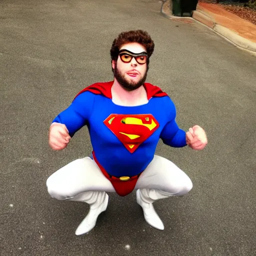 Image similar to Seth Rogan dresses as Superman, doing a squat
