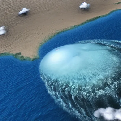 Image similar to a 3D render of a Tsunami hitting Tonga after underwater volcanic eruption