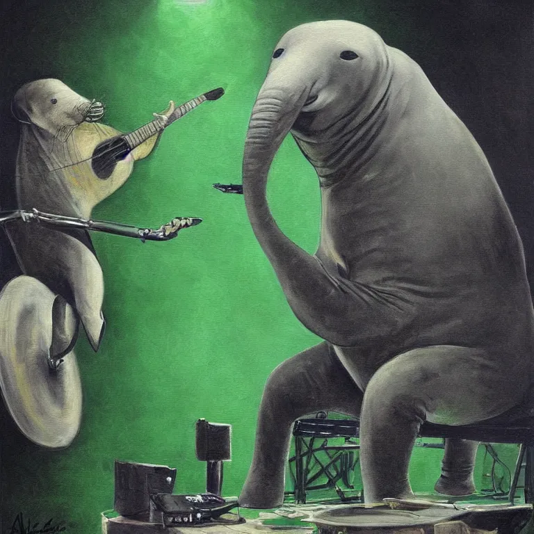 Image similar to a beautiful painting by aleksi briclot of an elephant seal playing drums and telecaster guitar in a concert stage, dark background, green concert light, dark mood