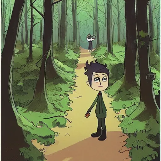 Image similar to Over the Garden Wall, greg and wirt are lost in the forest