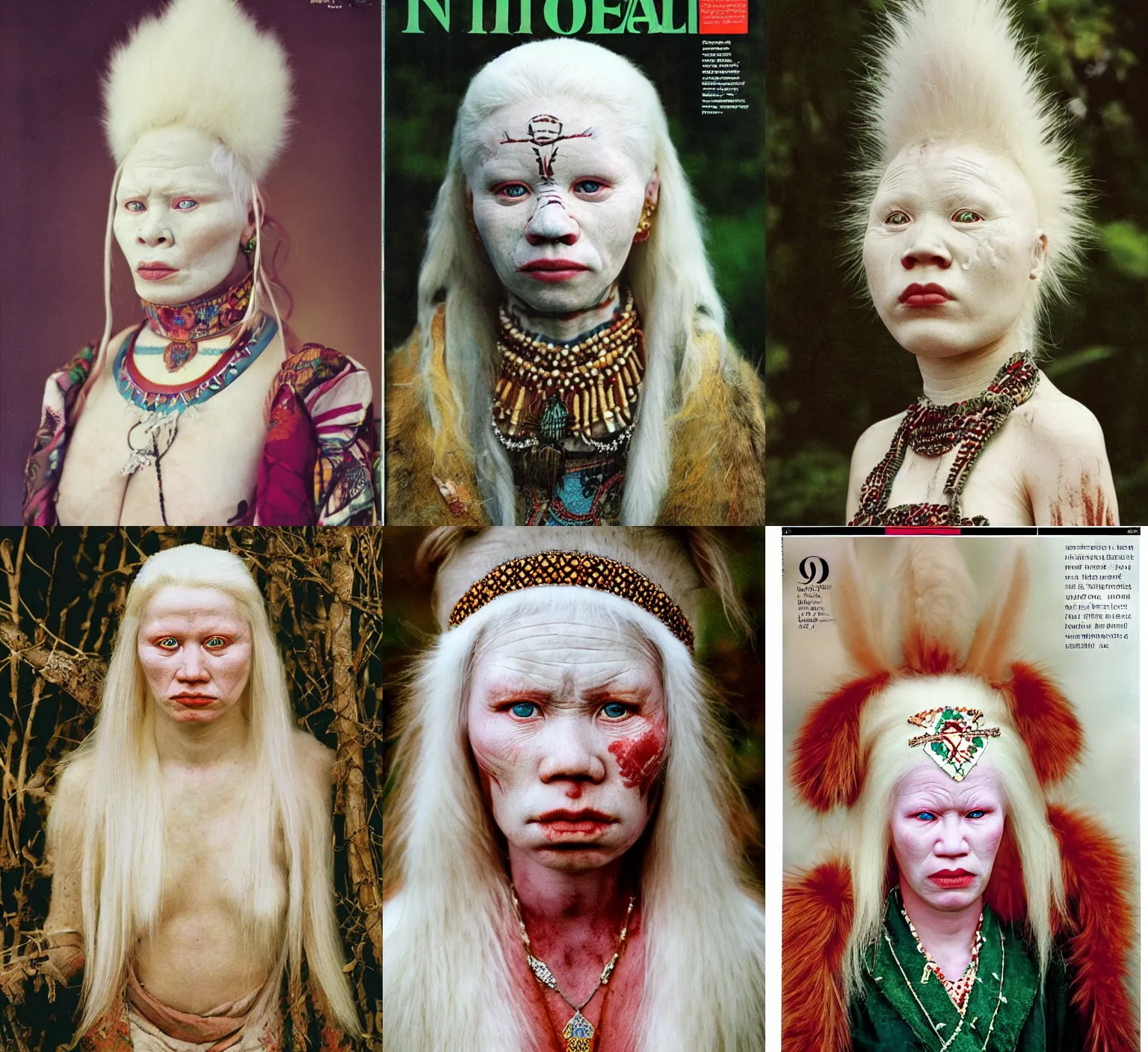 Prompt: portrait photo of the albino tribe queen from Ural, full color magazine article by National Geographic (1998)