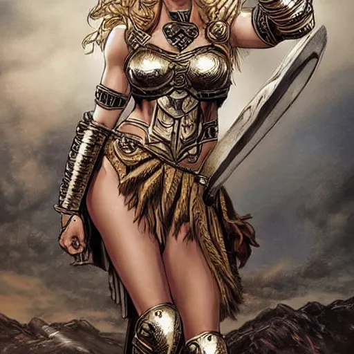 Prompt: greek amazon warrior, a tall beautiful woman with bronzed skin and long blonde hair, dressed in hellenistic body armour, intricate, elegant, highly detailed, smooth, sharp focus, detailed face, high contrast, graphic novel, art by ardian syaf,