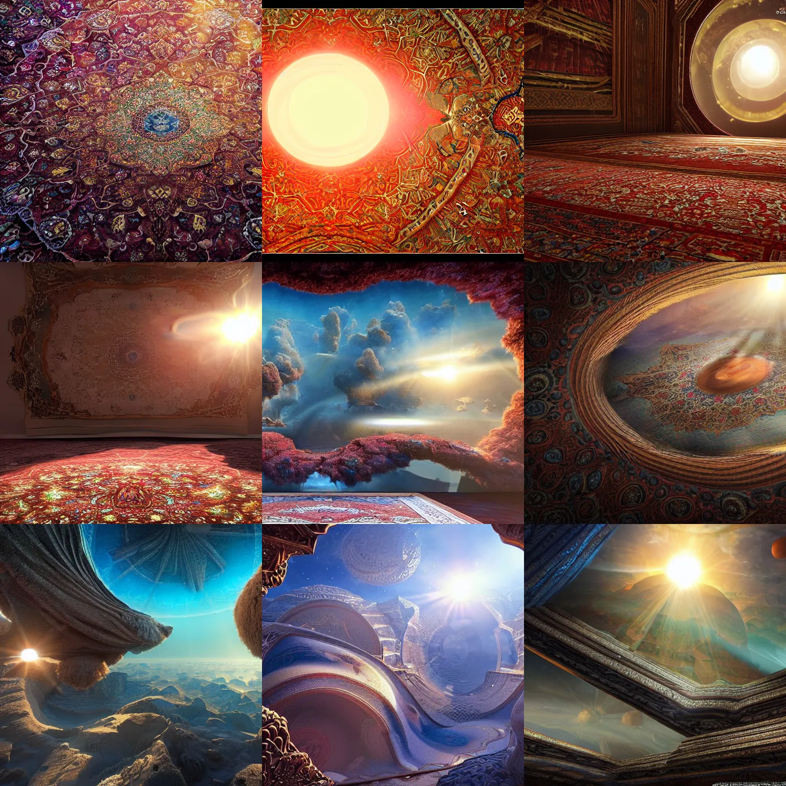 Prompt: sunrise in the Fluffy 3d Persian Carpet world space, everything is carpet and 3d, photorealistic concept art, immense detail, epic, striking